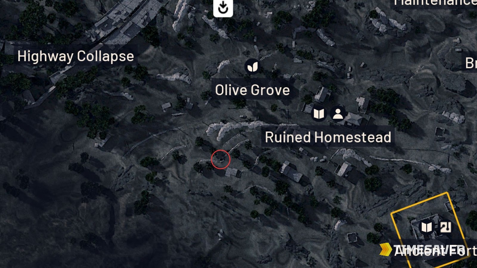 ARC Raiders Blue Gate map detail with the cellar key door circled south-west of the Olive Grove marker, near Ruined Homestead