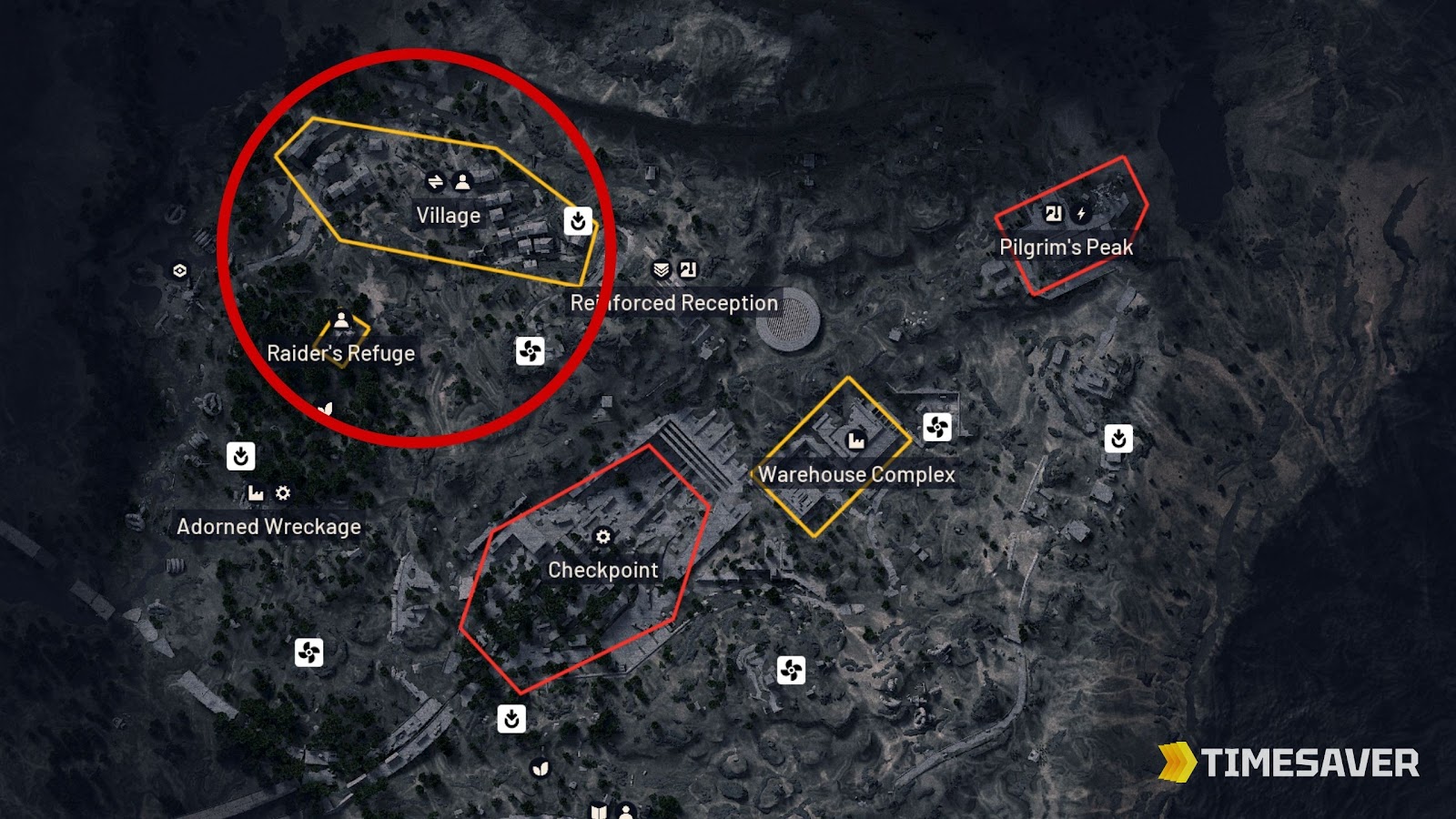 ARC Raiders Blue Gate map with the Village circled in the northern section, near Raider's Refuge and Reinforced Reception