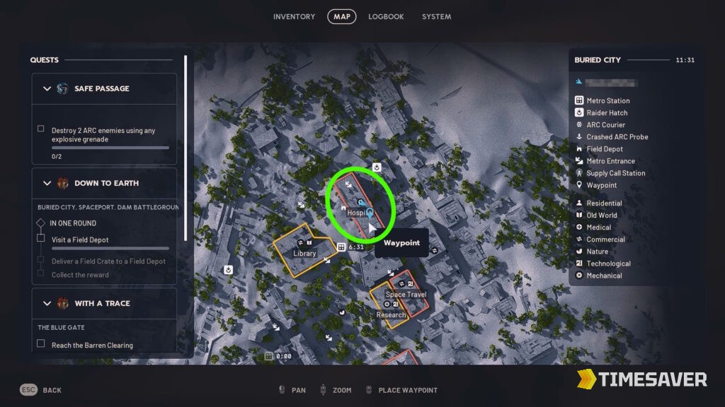 ARC Raiders Buried City map with the Hospital marked in the northern section near the Northern Metro Station