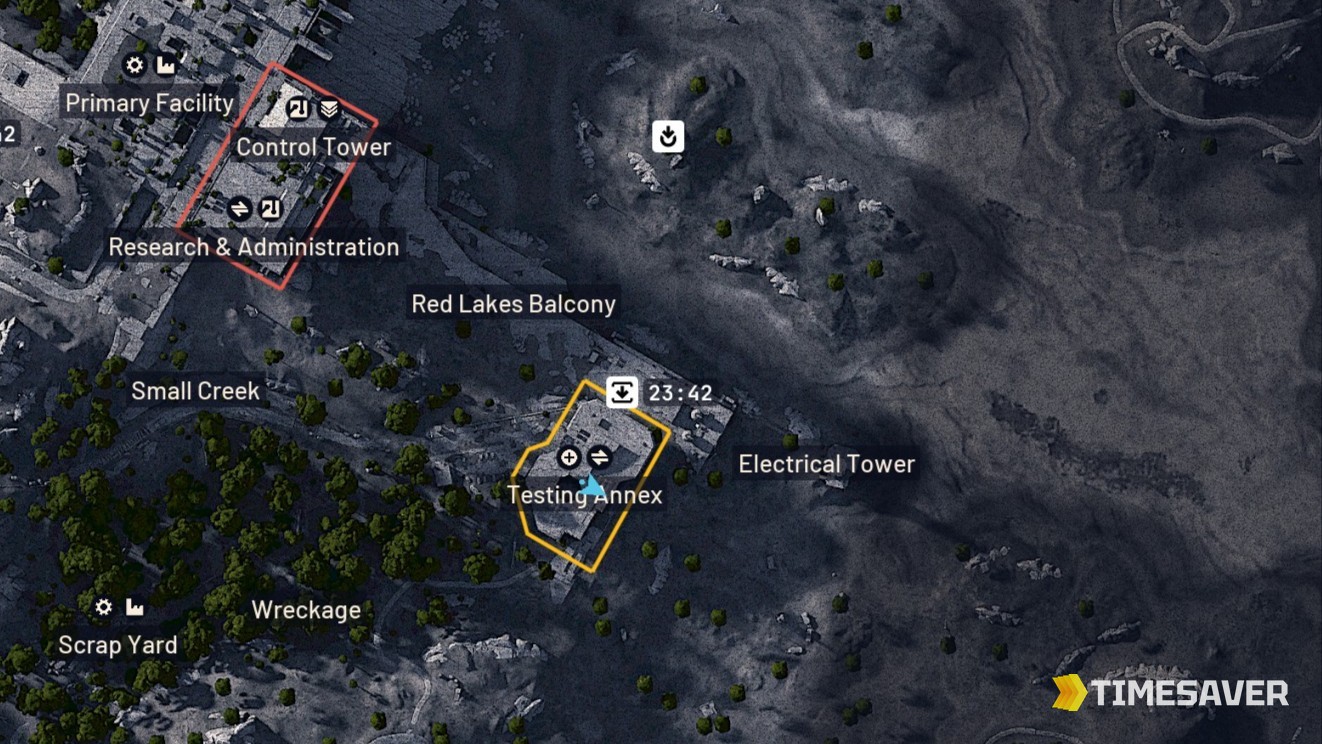 ARC Raiders Dam Battlegrounds map with the Testing Annex outlined on the southeastern edge, near Red Lakes Balcony and Electrical Tower