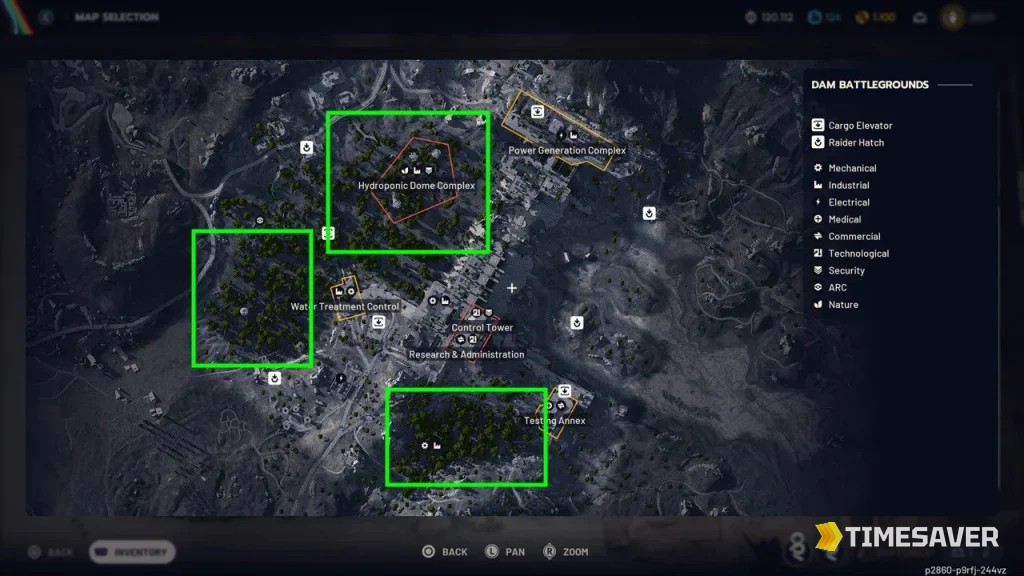 ARC Raiders Dam Battlegrounds map with the mushroom farming zones marked around the Hydroponic Dome Complex, Water Treatment Control and Testing Annex (Nature loot)