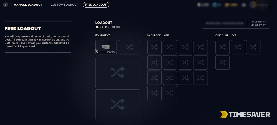 ARC Raiders Free Loadout ready-up screen showing the random second-hand kit, fewer inventory slots and the Safe Pocket note — the free loadout option now disabled in Night Raid and Close Scrutiny in update 1.33.0