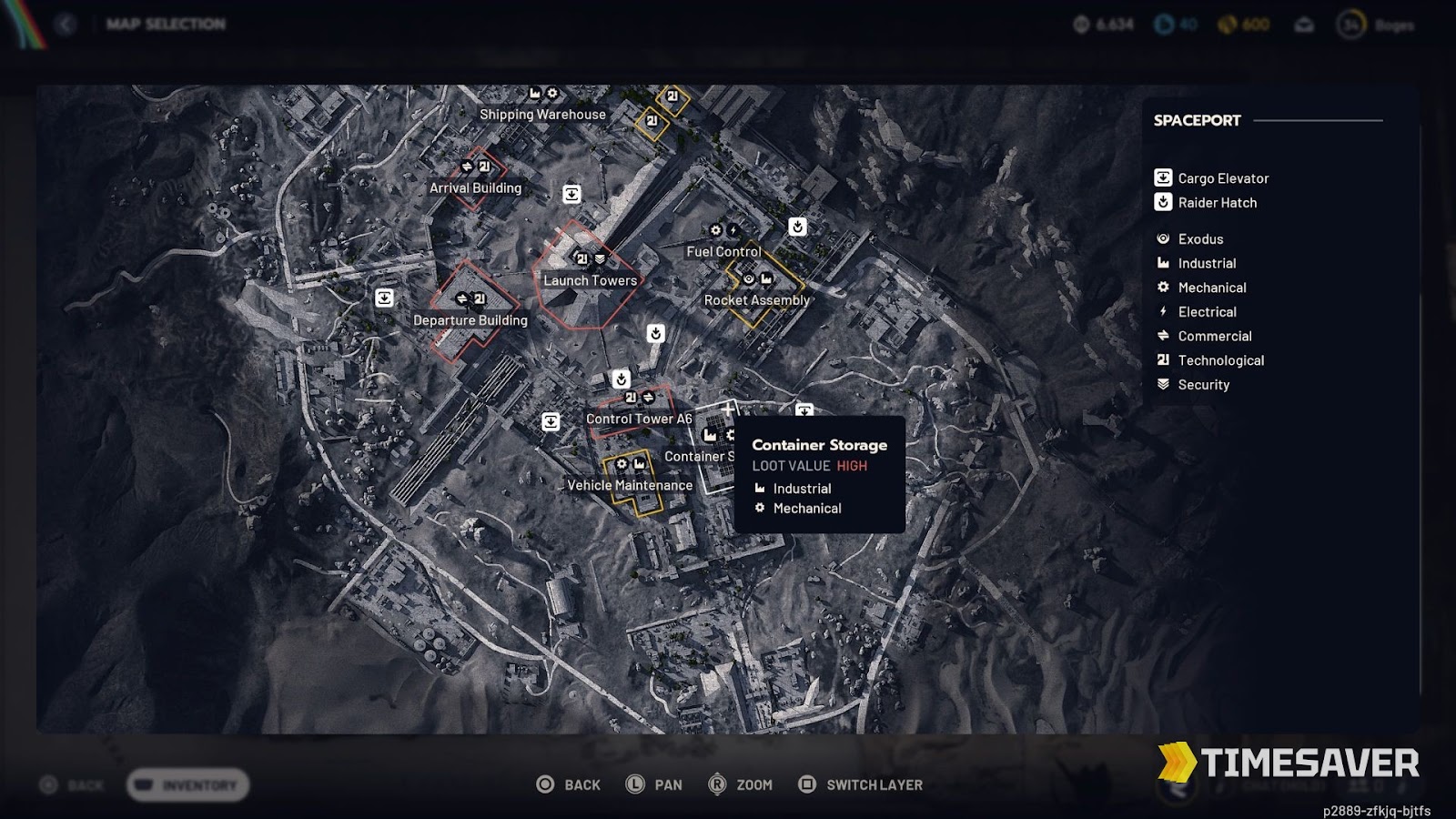 ARC Raiders Spaceport map with the Container Storage POI marked in the centre, tooltip showing LOOT VALUE HIGH near Control Tower A6 and Vehicle Maintenance