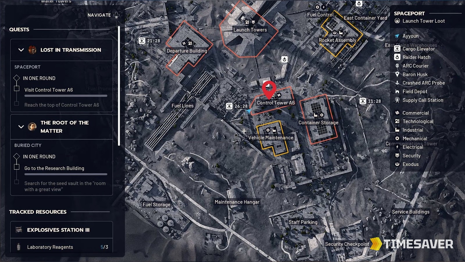 ARC Raiders Spaceport map with Control Tower A6 marked in the center, beside Vehicle Maintenance and Container Storage