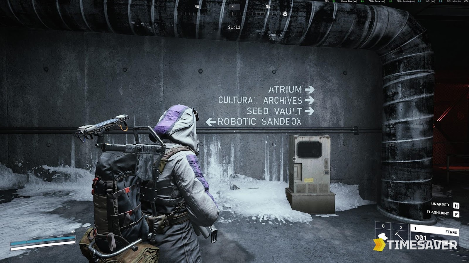 ARC Raiders Stella Montis — in-game directional signs pointing to Cultural Archives, Seed Vault, Robotic Sandbox and the Atrium on the endgame map