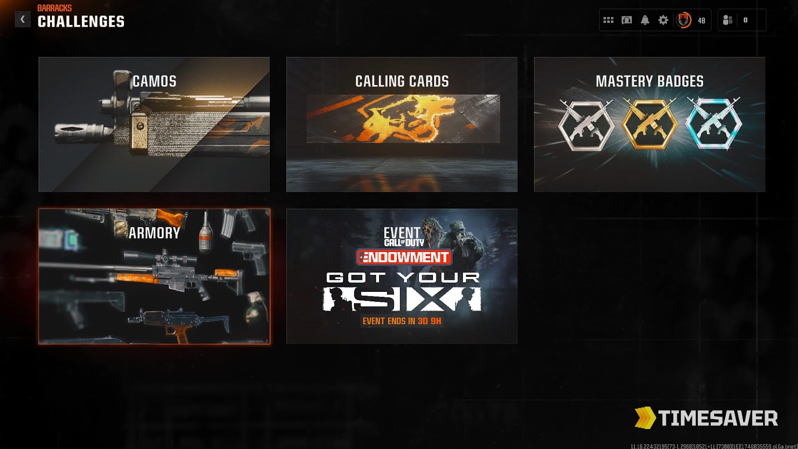 Black Ops 7 Challenges menu showing the Armory tile alongside Camos, Calling Cards and Mastery Badges