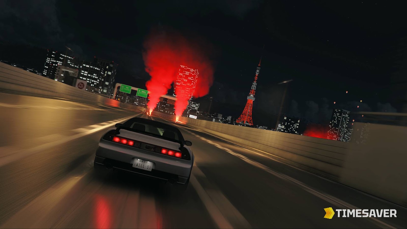 A JDM sports car speeding down a neon-lit Tokyo highway at night in Forza Horizon 6, Tokyo Tower in the background
