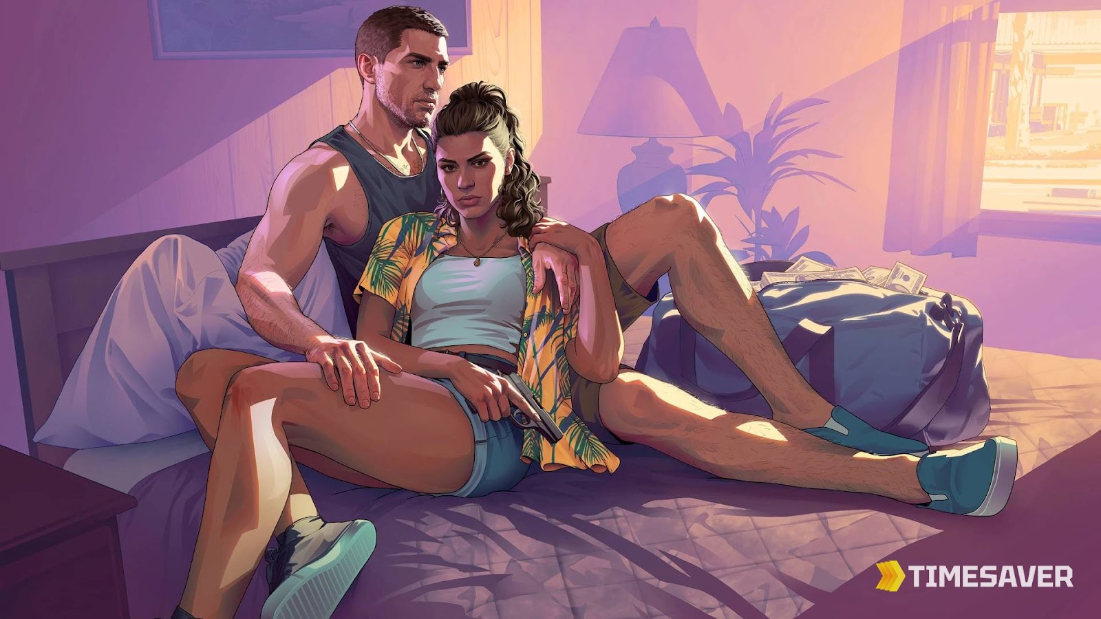Grand Theft Auto VI official key art — Jason and Lucia in Vice City, state of Leonida