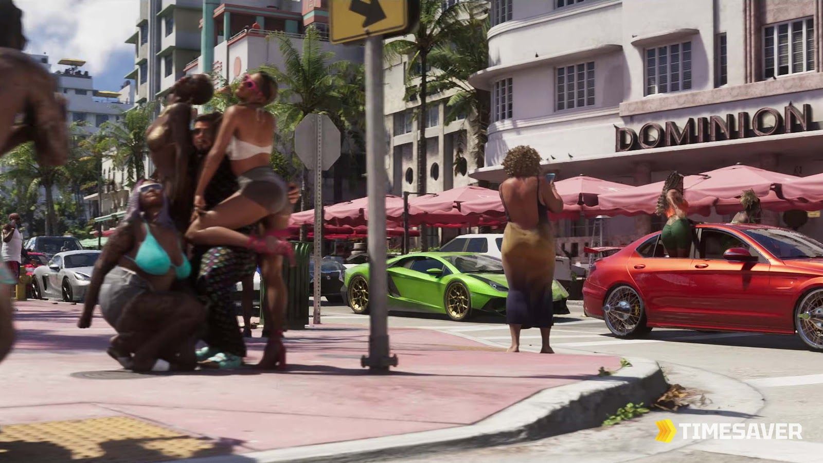 A vibrant Vice City street scene in GTA 6 — modern Miami in the state of Leonida, the biggest change from GTA 5's Los Santos