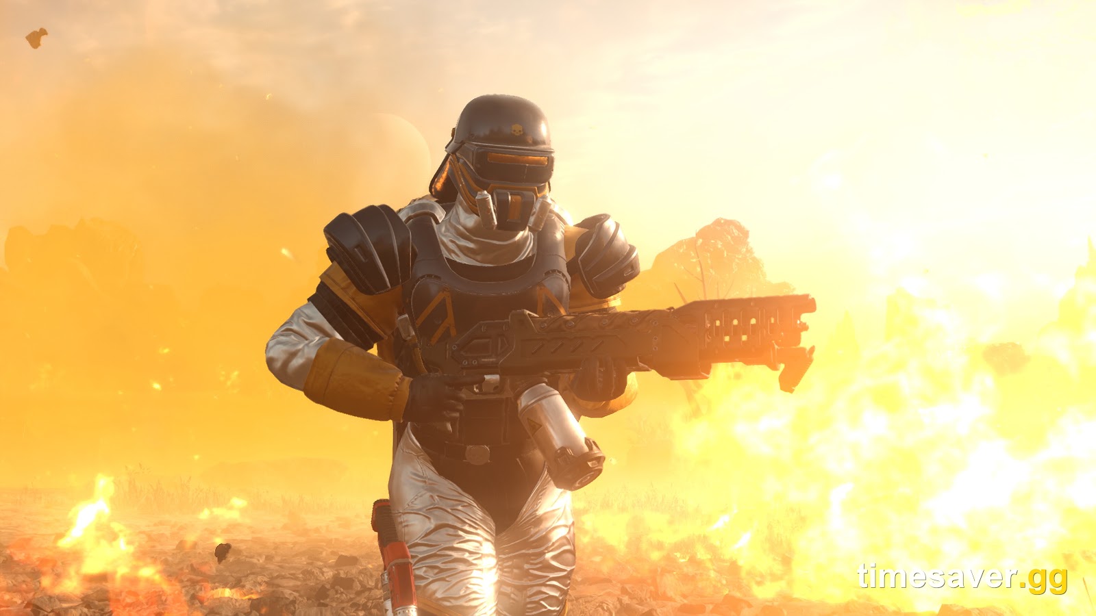 Helldiver wielding a flame weapon against a wall of fire on the Terminid front in Helldivers 2