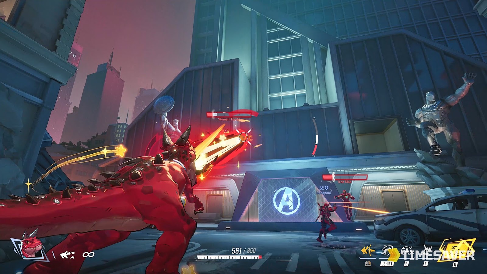 Marvel Rivals team fight at the Avengers base — Devil Dinosaur, Deadpool, Iron Man and Human Torch (Season 8.5 roster)