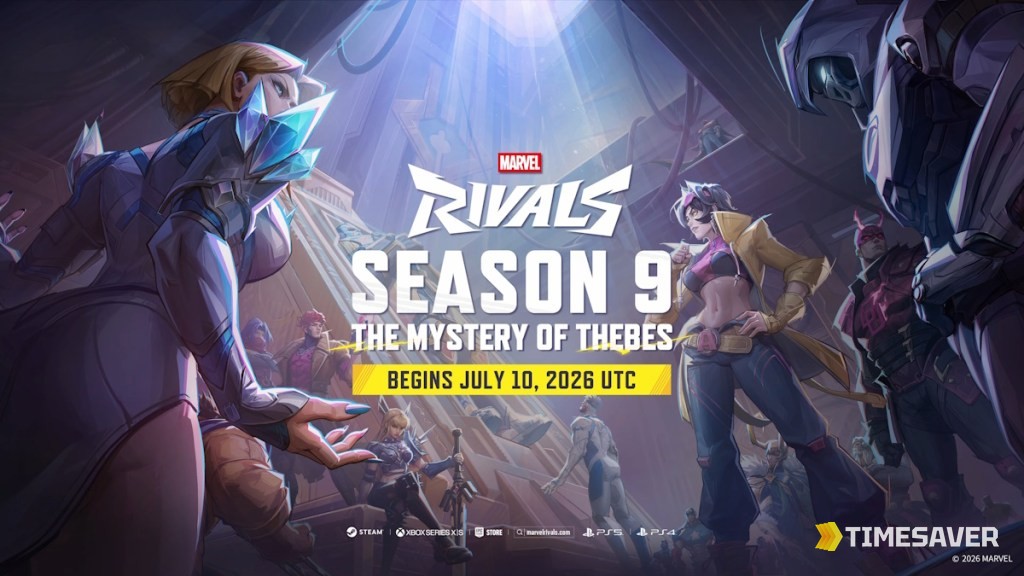 Marvel Rivals Season 9 The Mystery of Thebes official key art — begins July 10 2026, the season 9 competitive rank reset