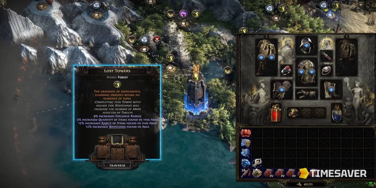 Path of Exile 2 endgame Atlas in patch 0.5.3 showing a Lost Towers map node, tablets and the Atlas passive tree used to juice maps for currency