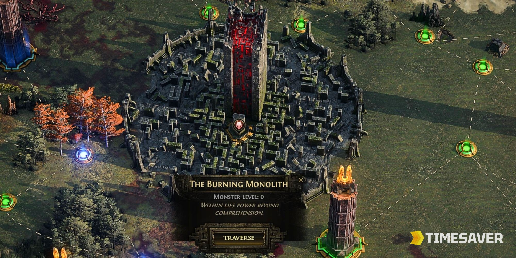 The Burning Monolith on the Path of Exile 2 endgame Atlas — where the three Crisis Fragments are combined to access the Arbiter of Ash, with Citadel and Tower beams visible in the fog (0.5)