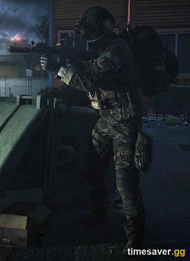 Escape from Tarkov Black Division operator in dark tactical armor with backpack, aiming a rifle in a Terminal-style industrial setting