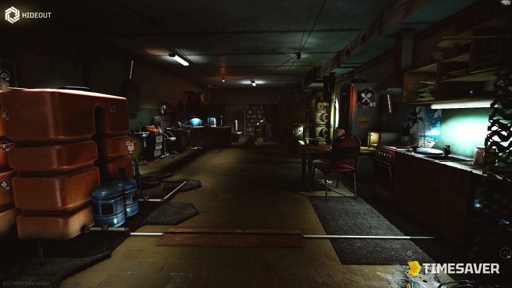 Escape from Tarkov hideout interior overview showing the water collector, workbench and stations