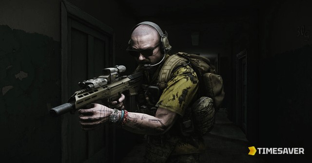 An Escape from Tarkov PMC aims a suppressed rifle down a dim interior corridor — atmospheric key art for the game's 2026 seasonal era