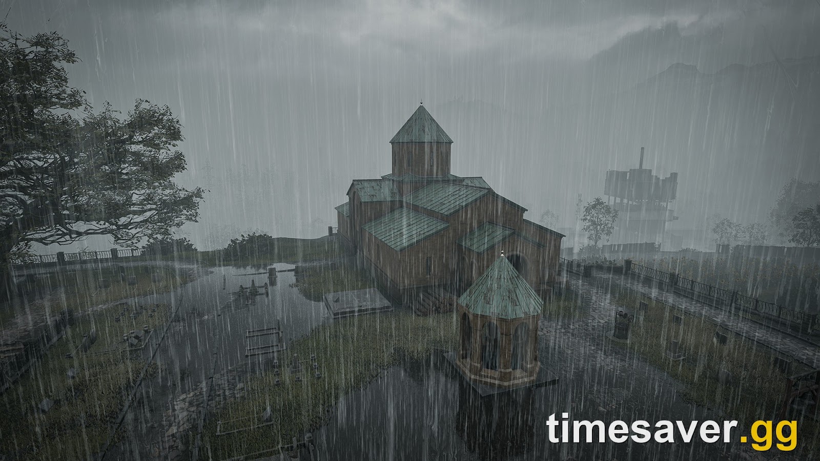 WARDOGS Season 2 church and graveyard in heavy rain, from BULKHEAD's official Season 02 patch notes art