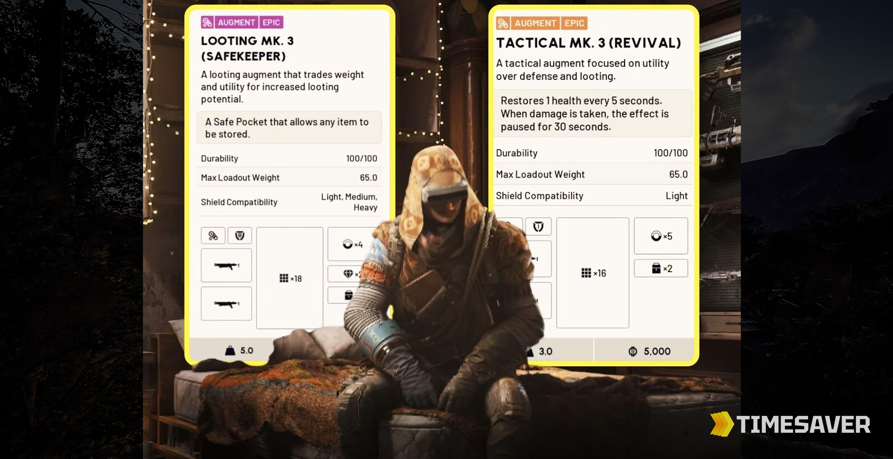 ARC Raiders best augments — Looting Mk.3 Safekeeper and Tactical Mk.3 augment cards showing safe pocket and health regen perks