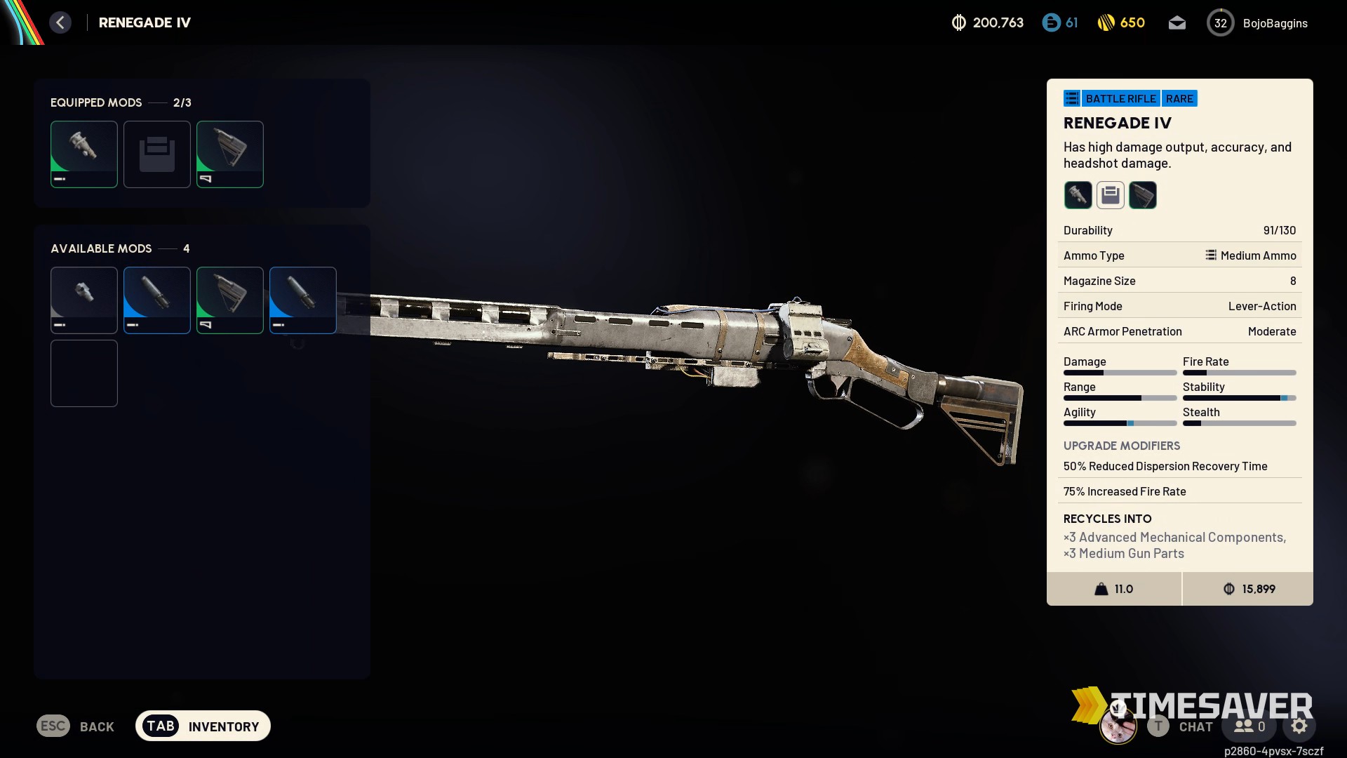 ARC Raiders best weapons — Renegade IV battle rifle stats and mods screen (top S-tier pick)