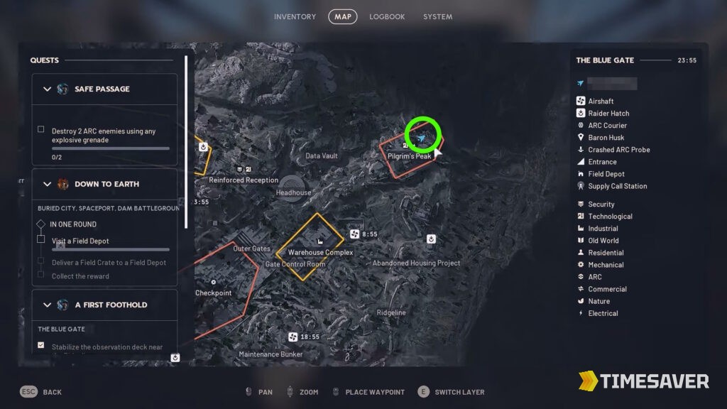 ARC Raiders Blue Gate map showing the Communication Tower at Pilgrim's Peak in the north, where the Communication Tower Key opens a locked basement loot room
