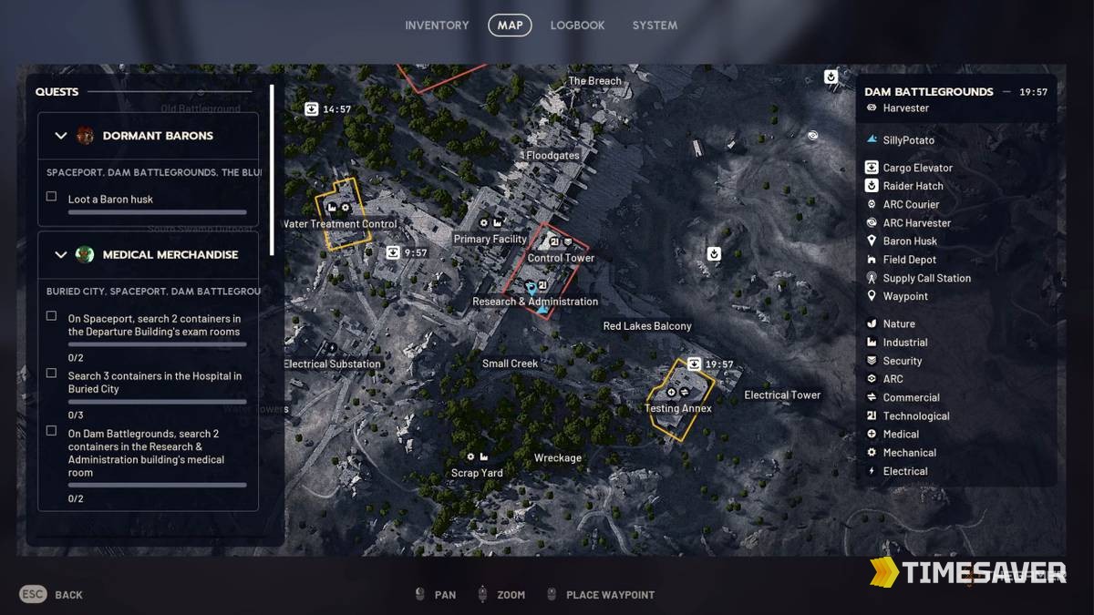 ARC Raiders Dam Battlegrounds map with the Research & Administration building marked in the center, below the Control Tower