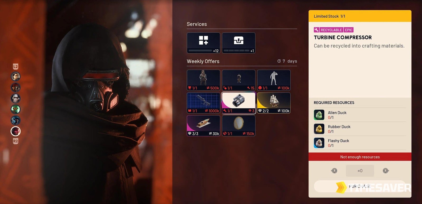 ARC Raiders Nomadic Envoy trader Ermal barter screen showing Weekly Offers, the 7-day timer, blueprint and outfit trades, and a Turbine Compressor turn-in