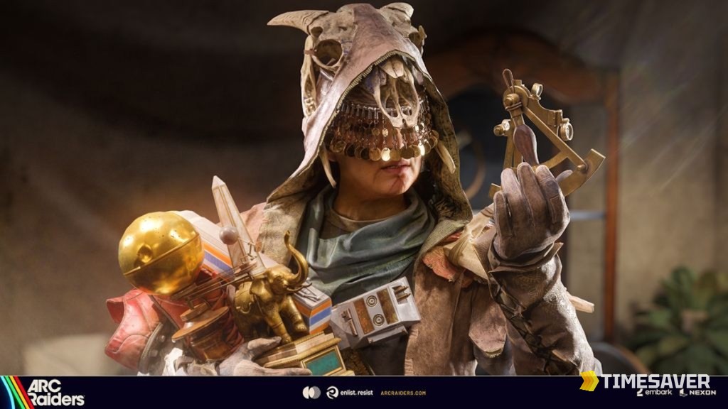 ARC Raiders Forgotten Relics event key art — a Raider in the Saltwalker outfit holding recovered relics including a golden sphere, a brass sextant and a small elephant figurine, the centrepiece of the Converging Paths Project in update 1.33.0