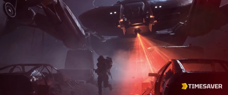 ARC Raiders Queen boss firing a red laser beam at a Raider — the colossal flying ARC machine that drops Queen Cores