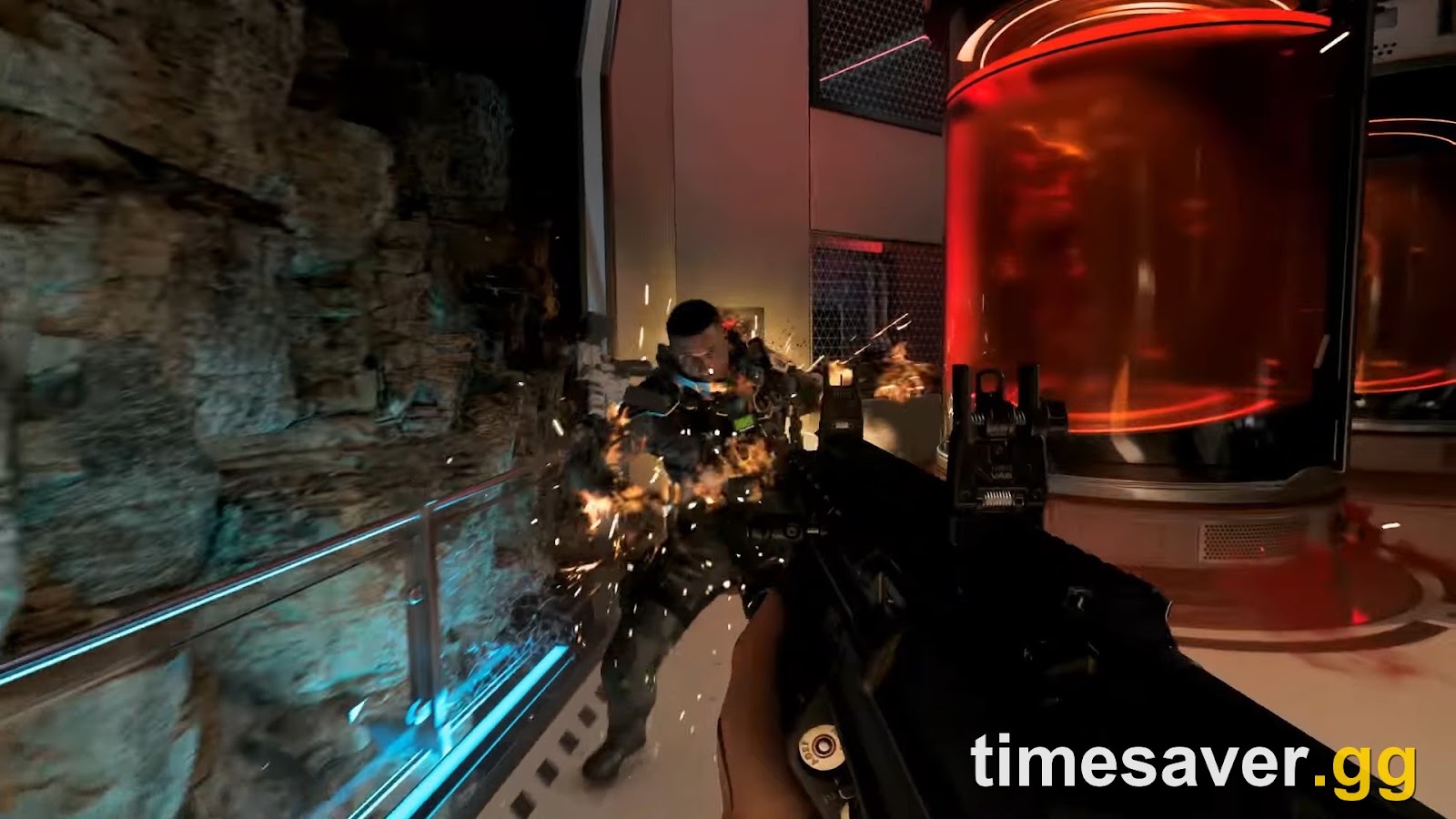 Black Ops 7 first-person multiplayer gunfight — an Operator fires an AR at an enemy amid sparks in a facility