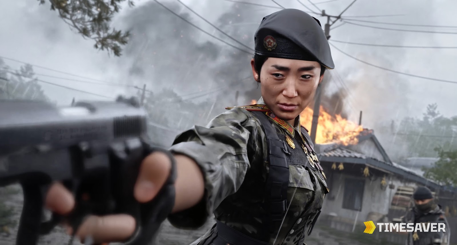 Call of Duty: Modern Warfare 4 campaign — Hostile Alliance operator drawing a pistol in a burning village