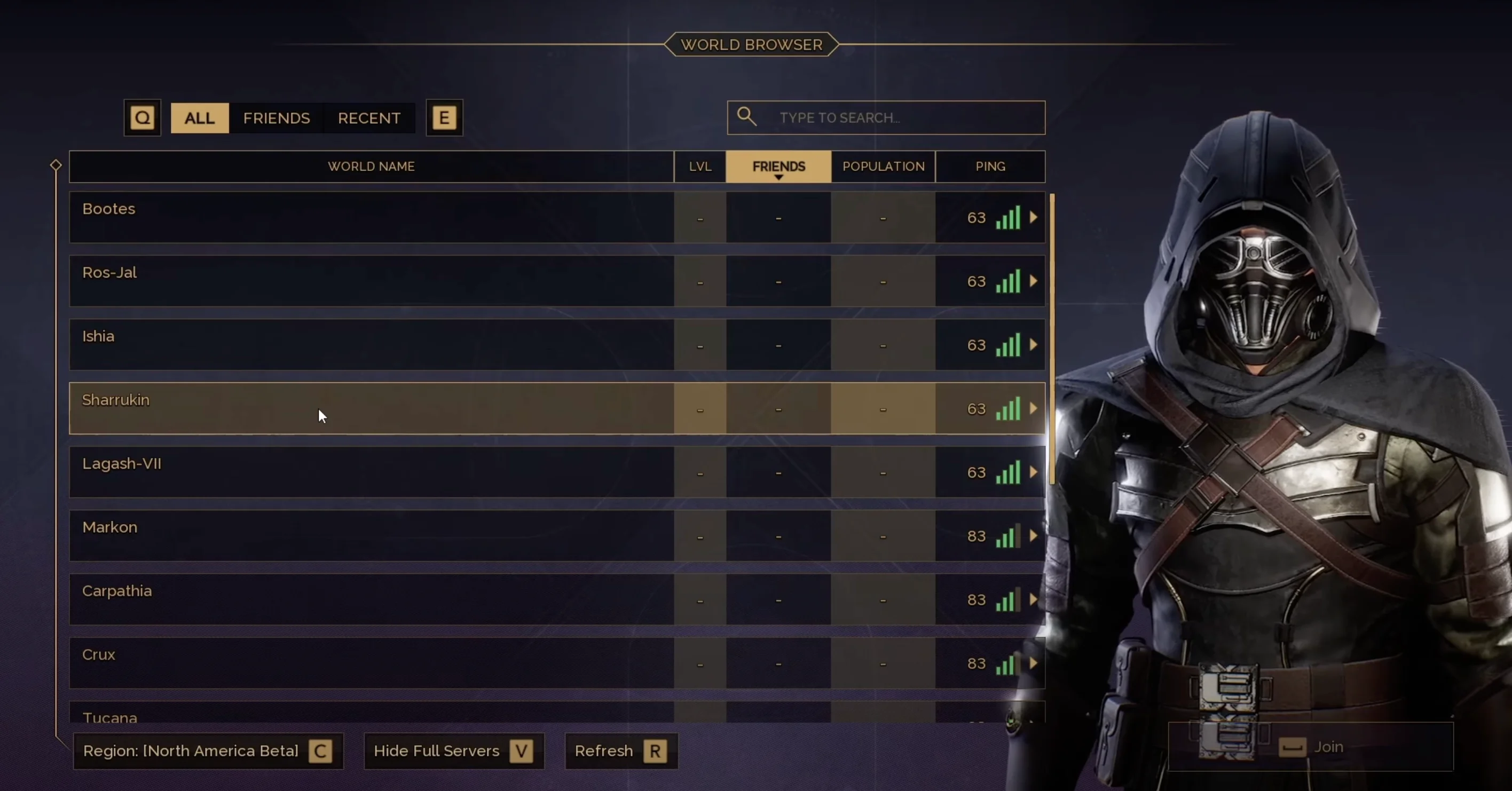 Server selection interface in Dune Awakening