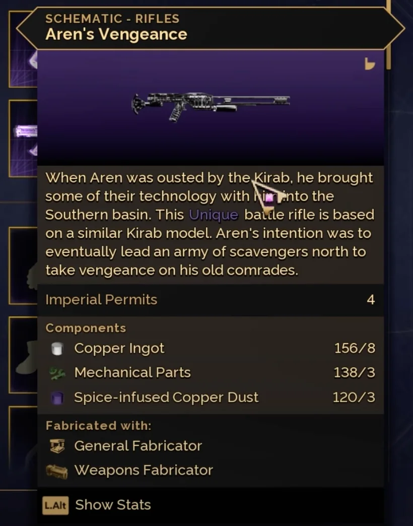 Aren’s Vengeance schematic with crafting ingredients