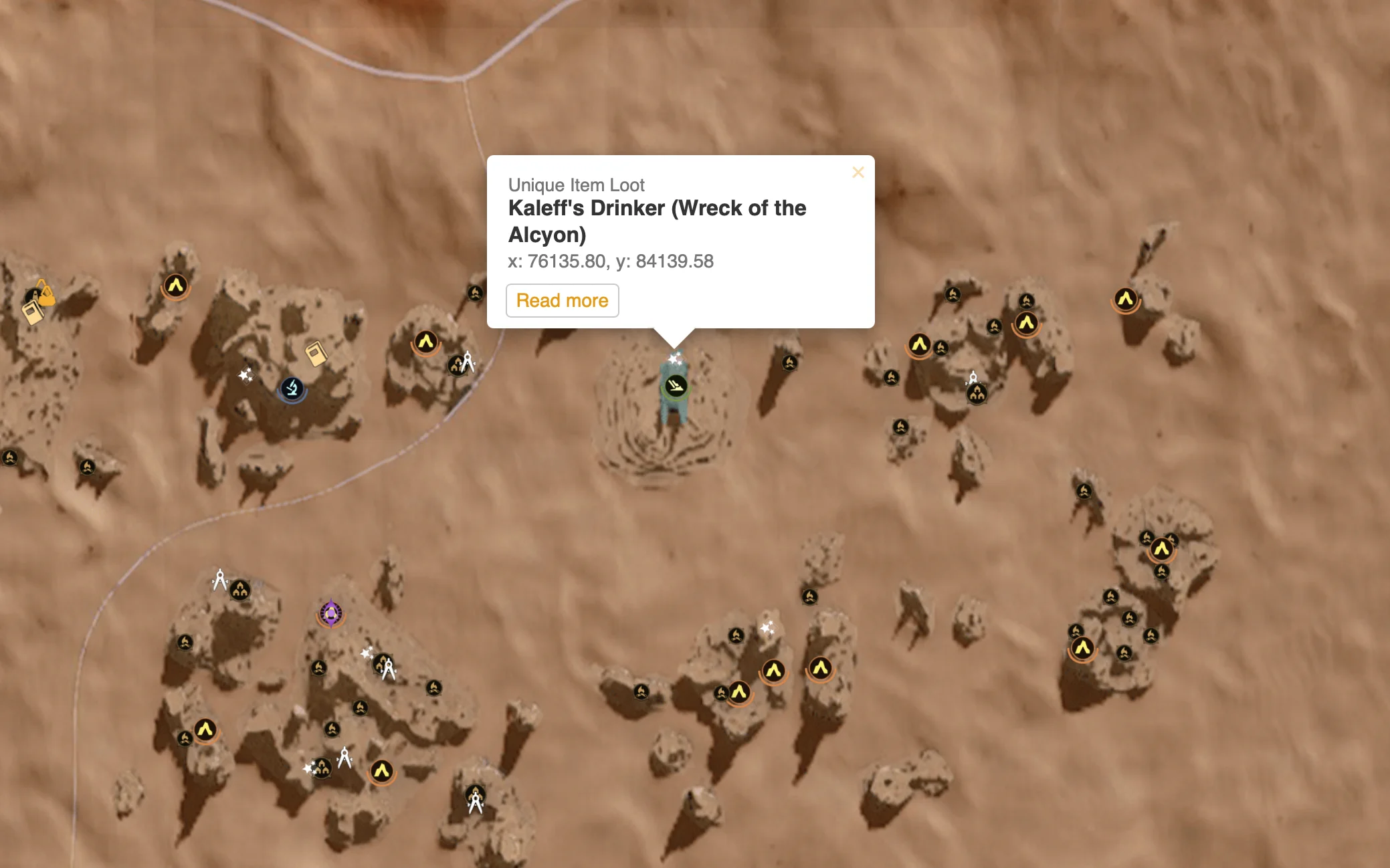 Map view showing unique loot location - Kaleff's Drinker wreck site with coordinates