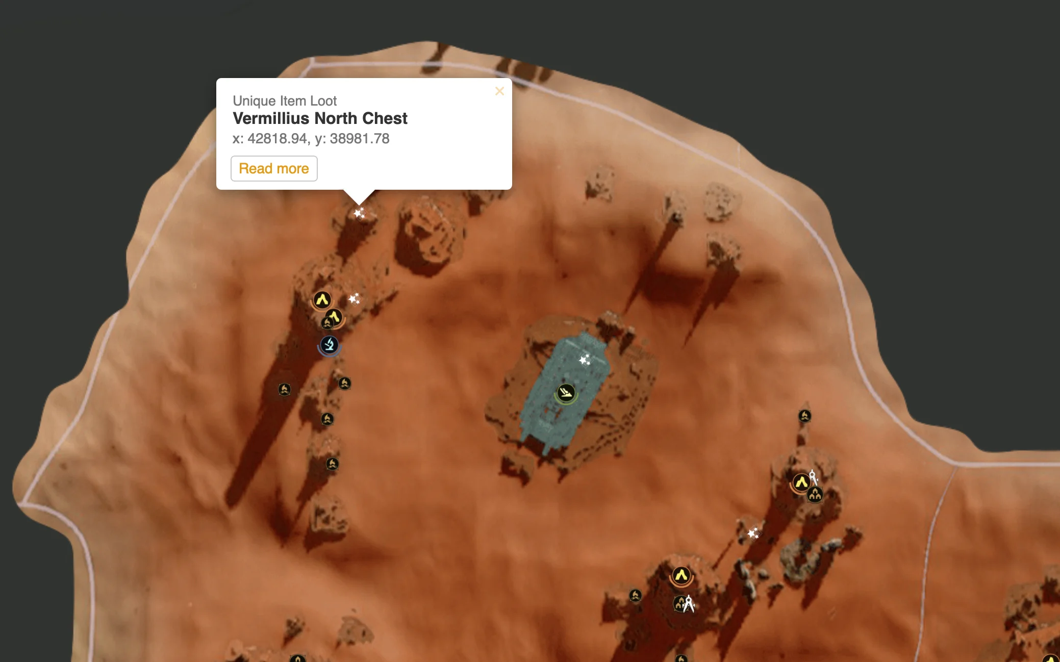 Vermillius North Chest location on map with coordinates for unique loot
