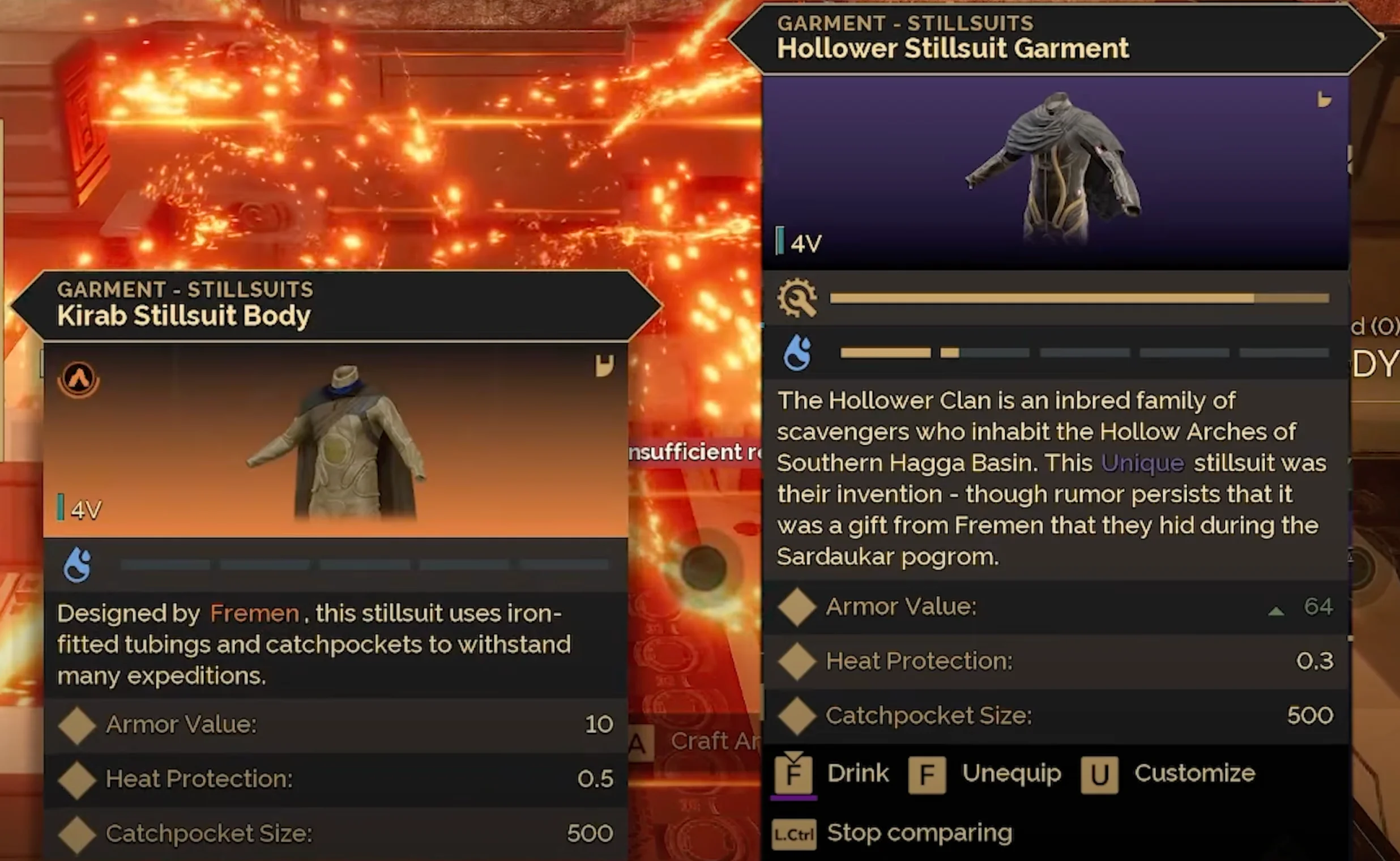 Comparison of Hollower and Kirab stillsuits in equipment UI
