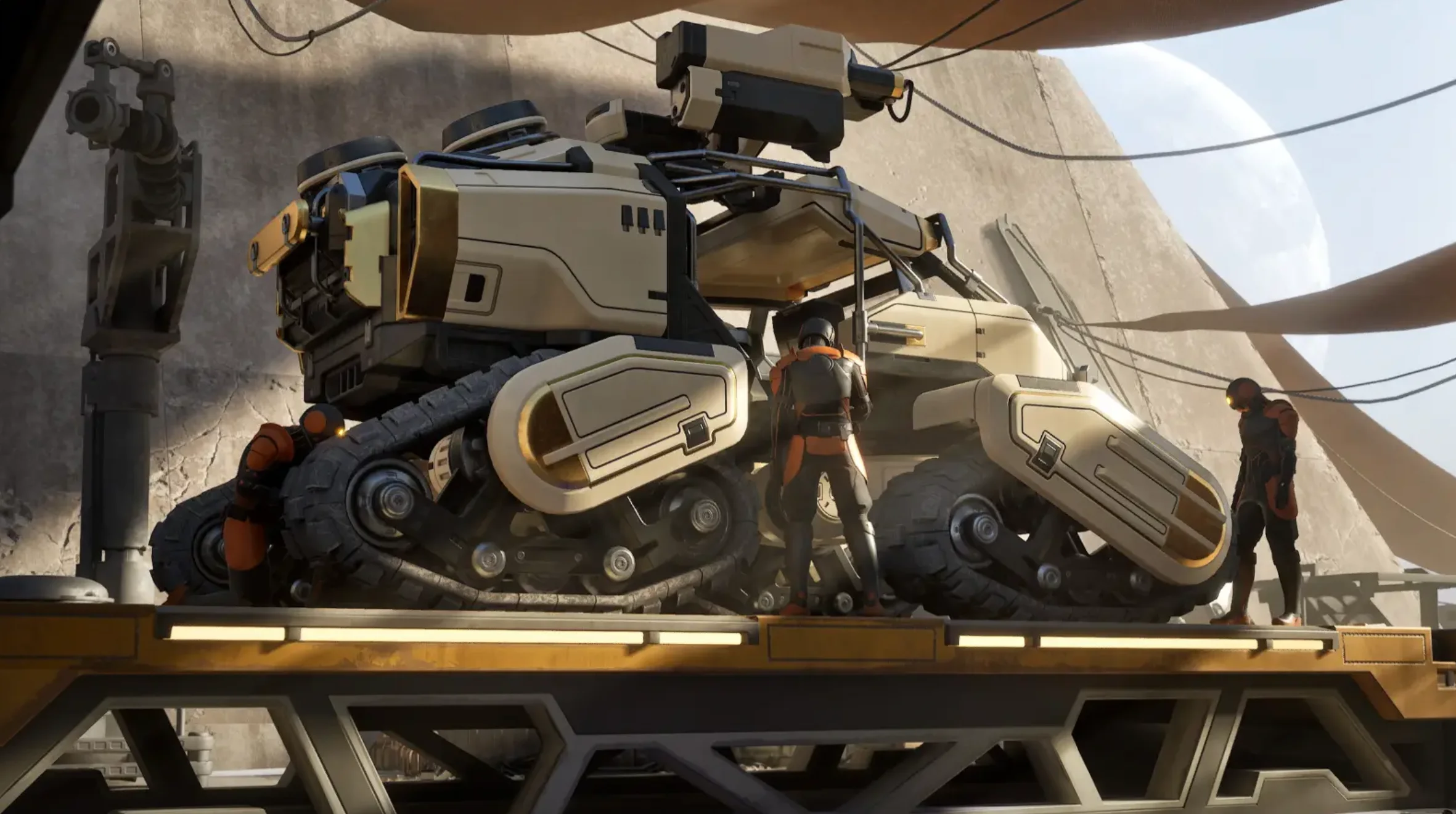 Heavy buggy with mining equipment on a platform in Dune Awakening