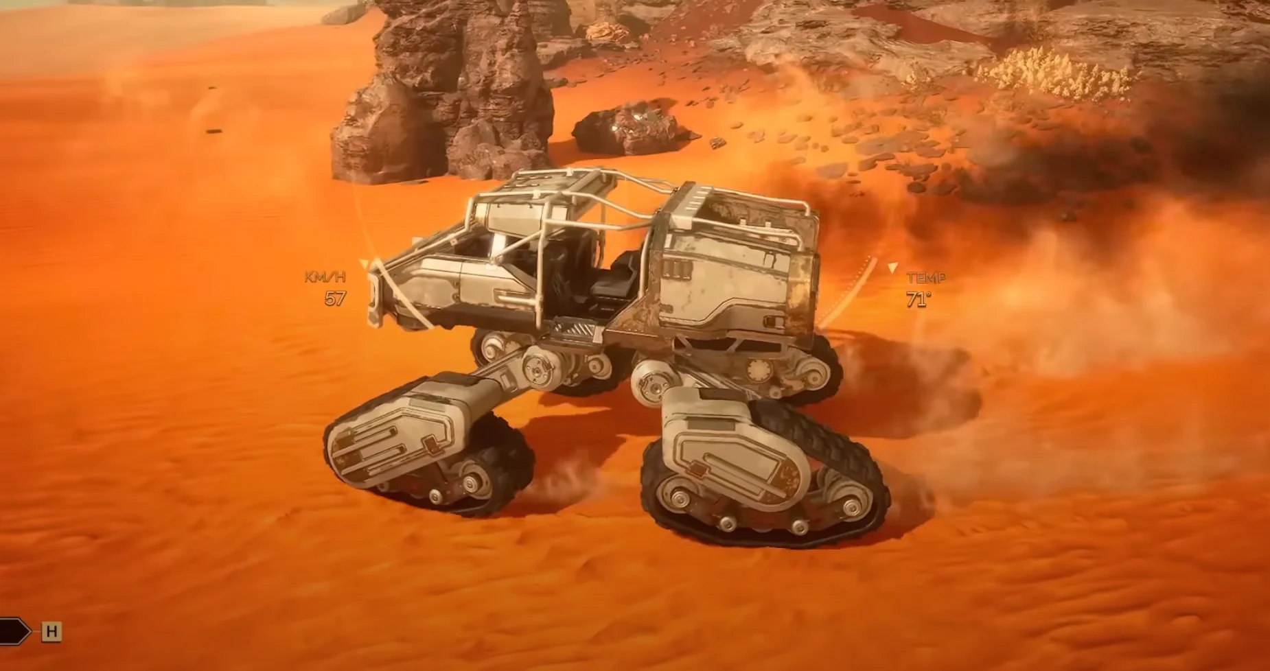 Desert buggy with mining equipment traversing sandy terrain
