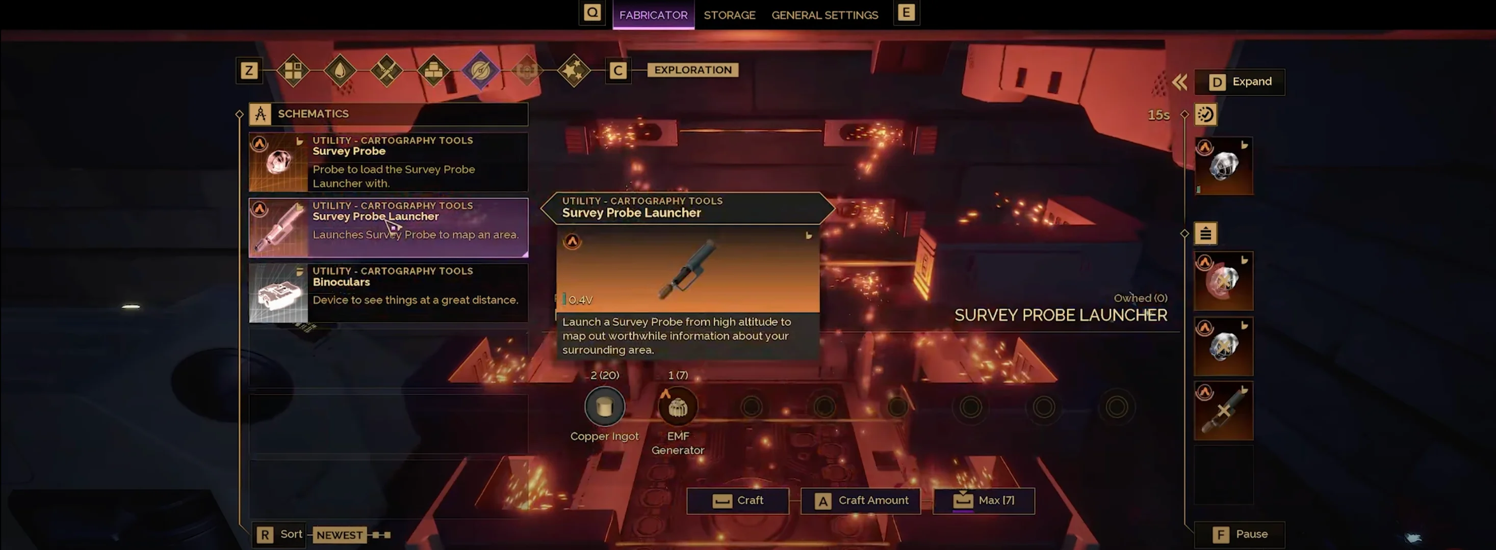 Survey probe launcher crafting menu