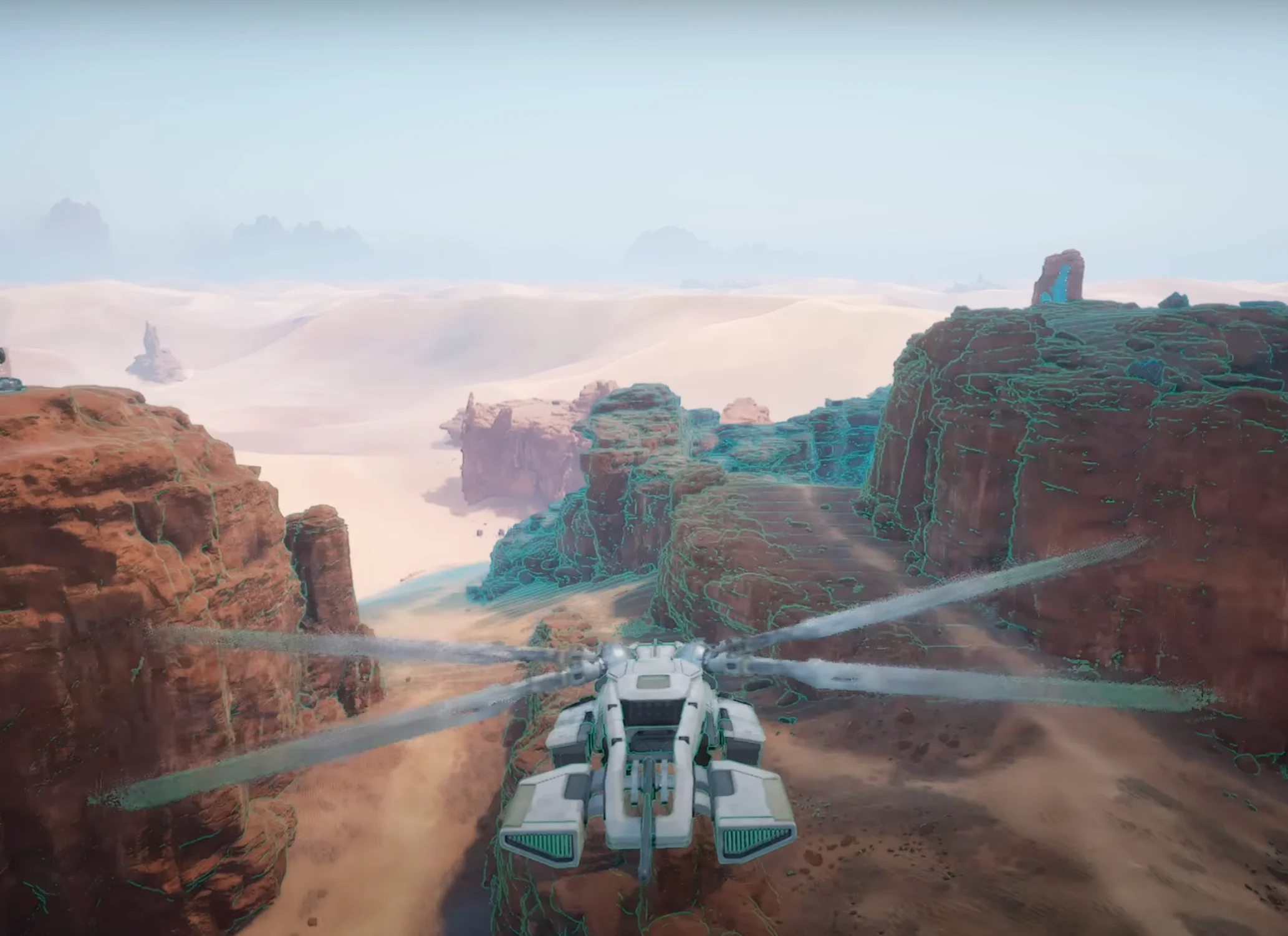 Flying over a terrain with survey scan overlay