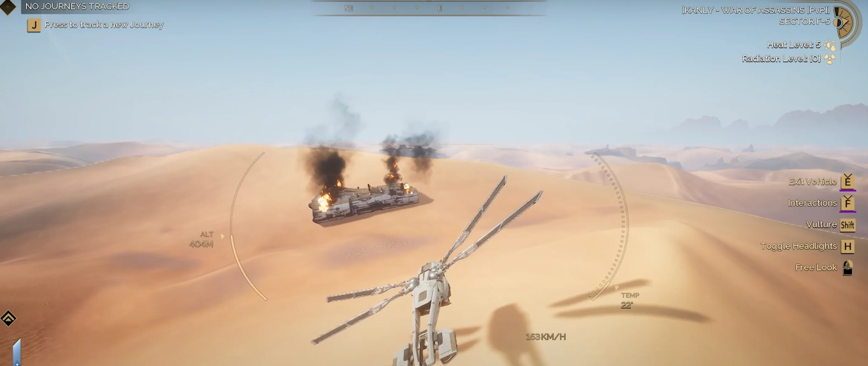 Burning wreckage and crashed vehicles in the Deep Desert sand