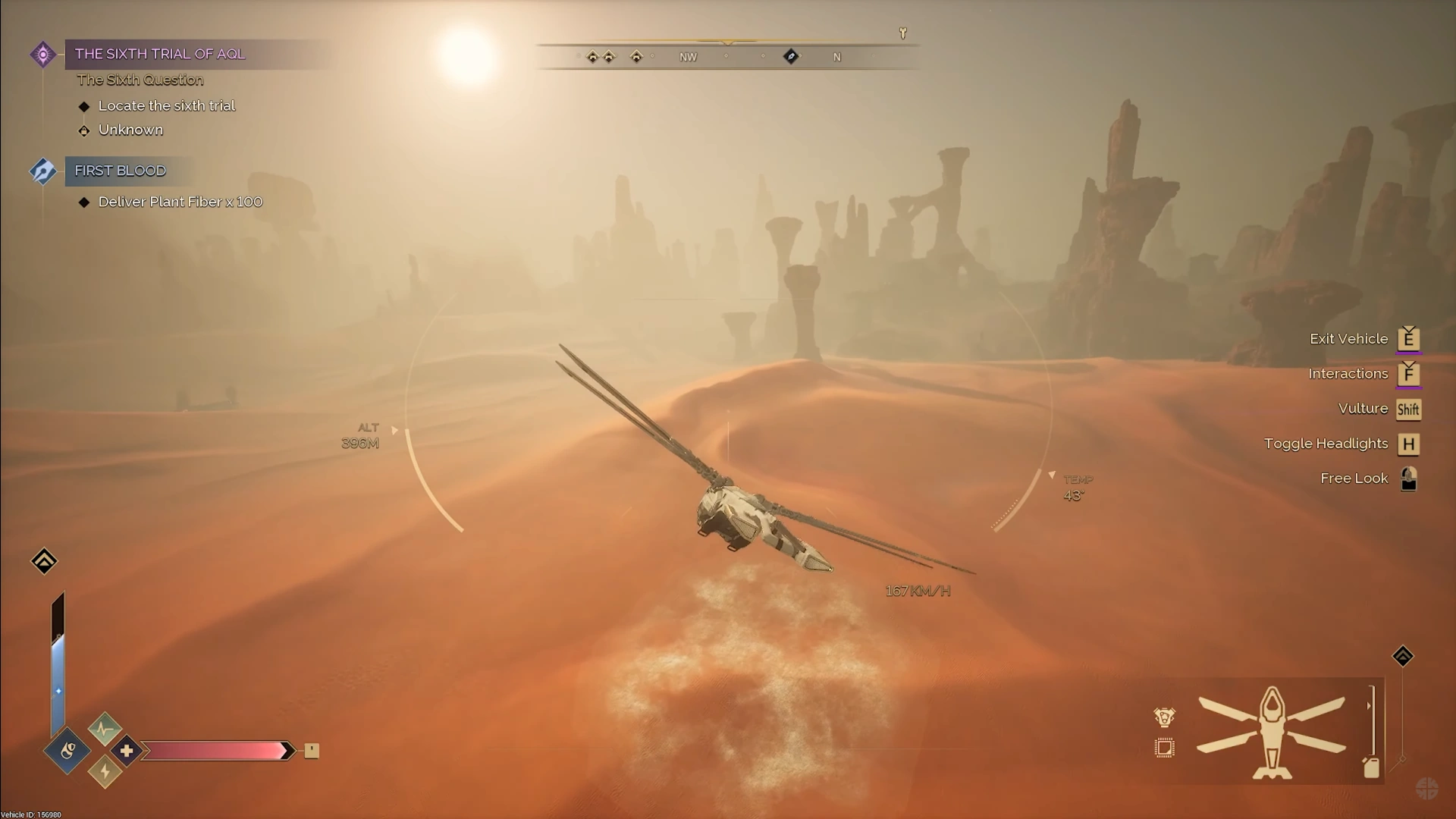 Ornithopter flying over desert in Dune Awakening