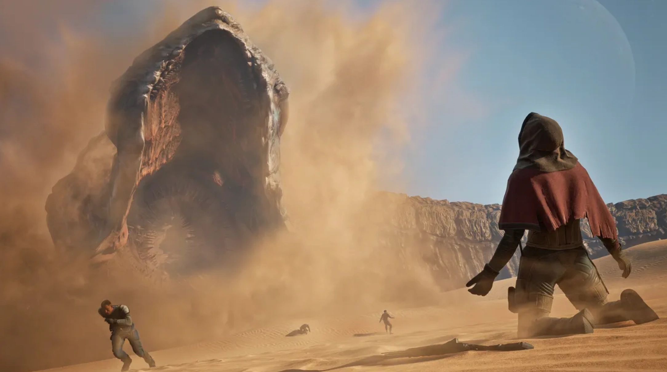 Sandworm emerging from desert sand in Dune Awakening