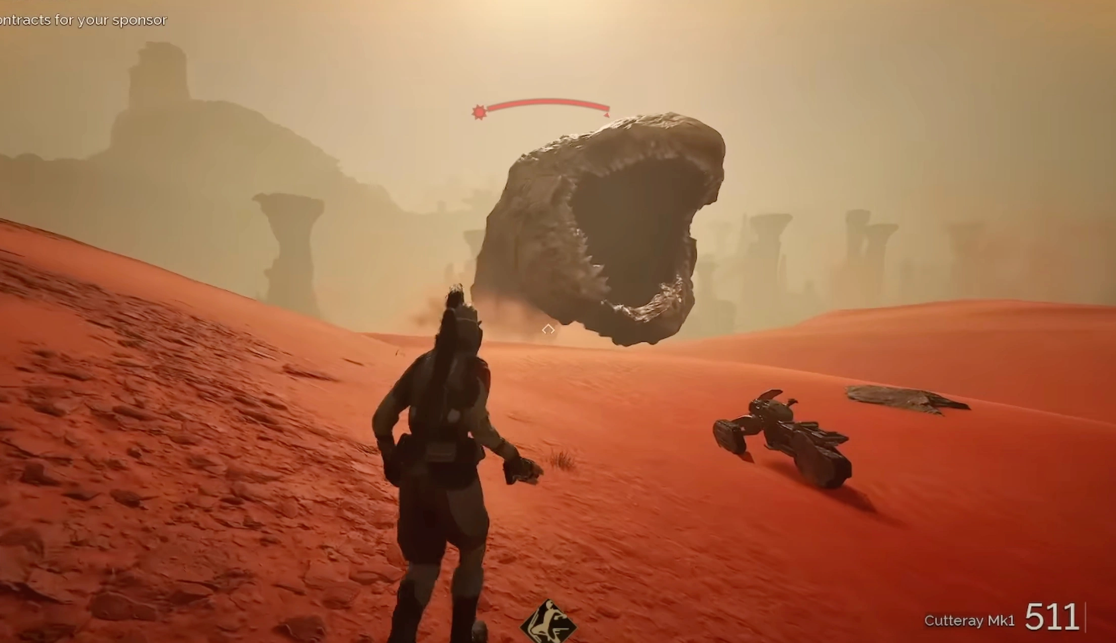 Player escaping to rocky terrain from sandworm attack
