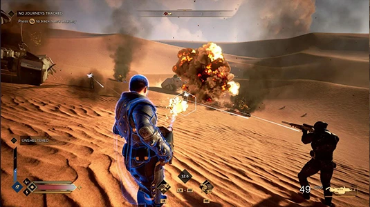 Player engaging in PvP combat in Dune Awakening desert environment
