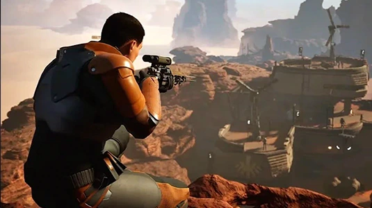 Player engaging in PvP combat in Dune Awakening desert environment