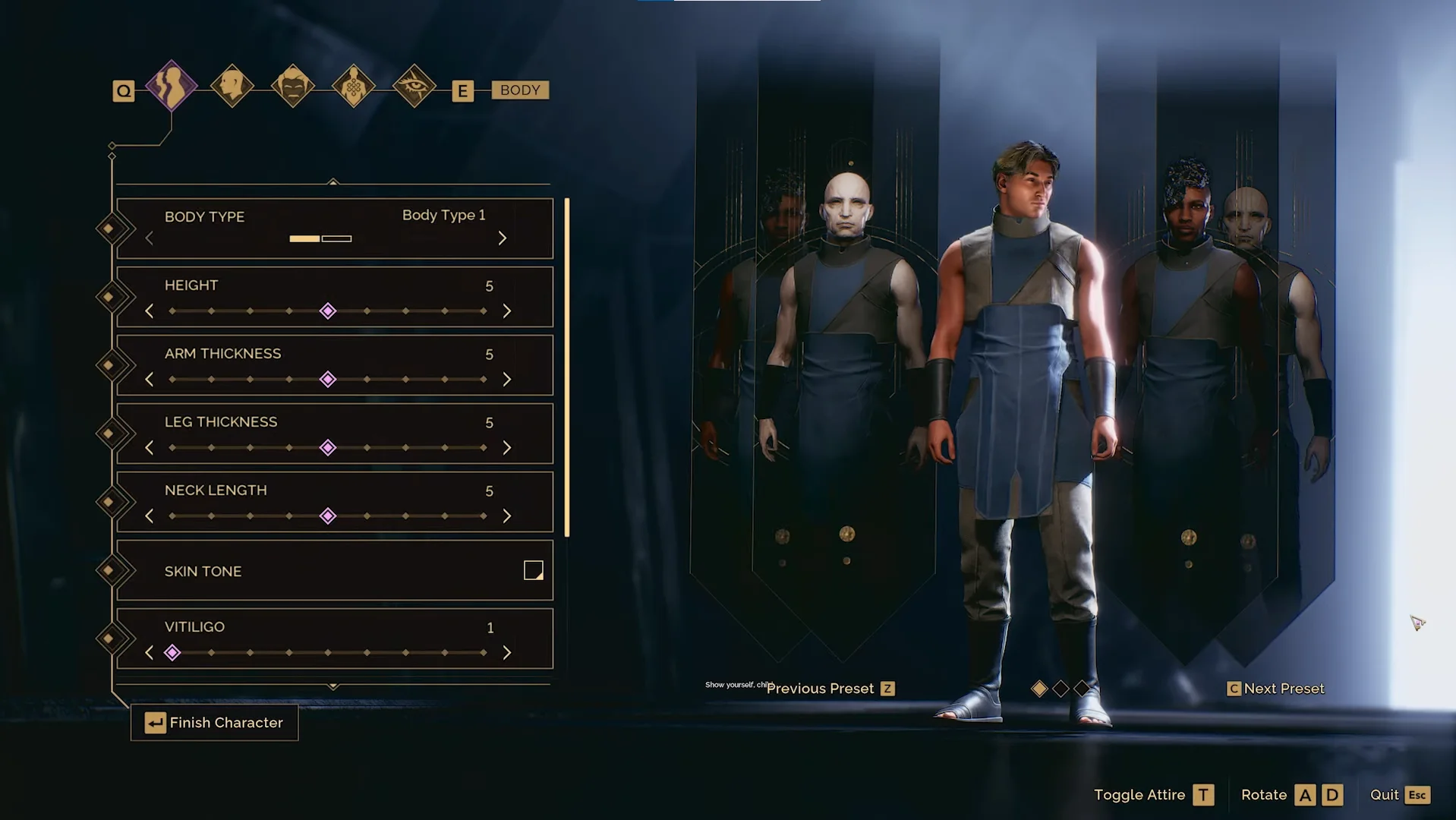 Character creation interface showing presets and body adjustments