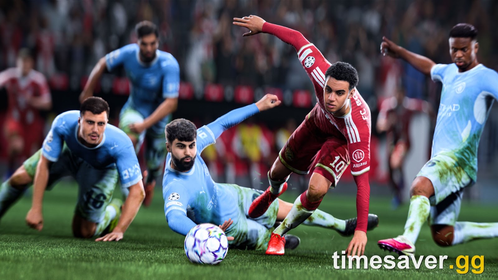 EA SPORTS FC 27 gameplay screenshot of an attacker dribbling past two sliding defenders