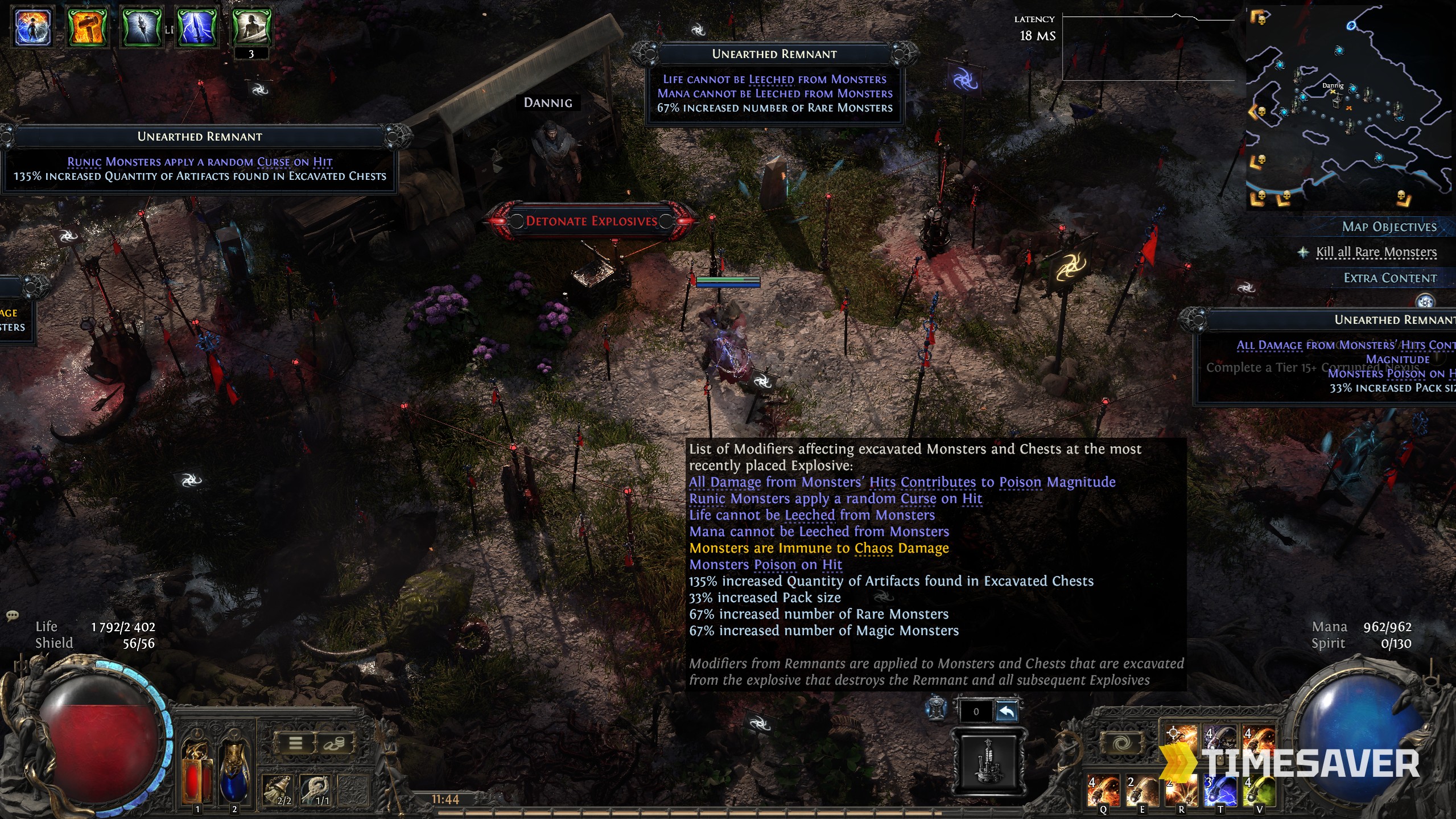 Path of Exile 2 Expedition encounter showing Unearthed Remnants, the vendor Dannig and the Detonate Explosives prompt over a buried excavation site