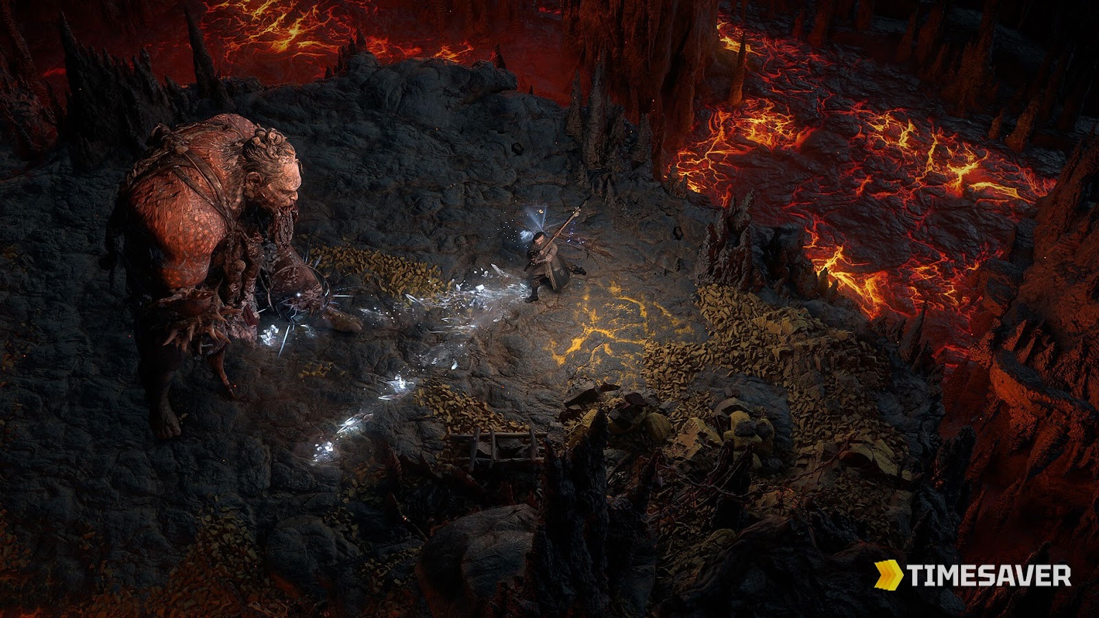 Path of Exile 2 character firing a high-physical-damage ranged attack, the kind of bow build you finish from a fractured base